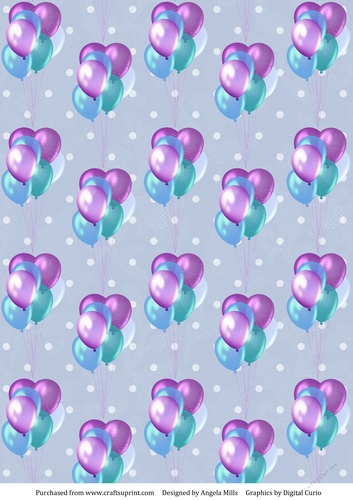 A4 Paper Lilac/Teal Balloons on Blue/White Polka Dot Background