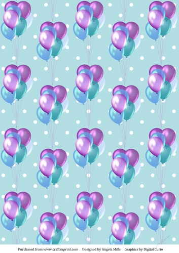 A4 Paper Lilac/Teal Balloons on Aqua/White Polka Dot Background