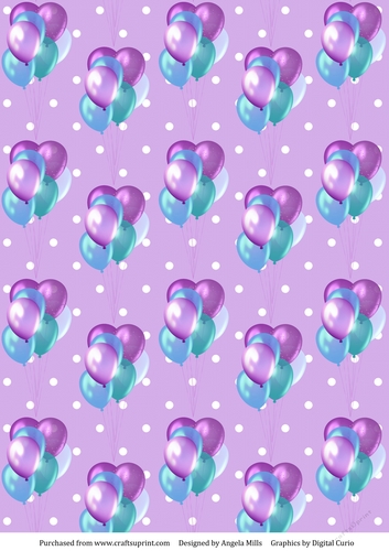 A4 Paper Lilac/Teal Balloons on Lilac/White Polka Dot Background
