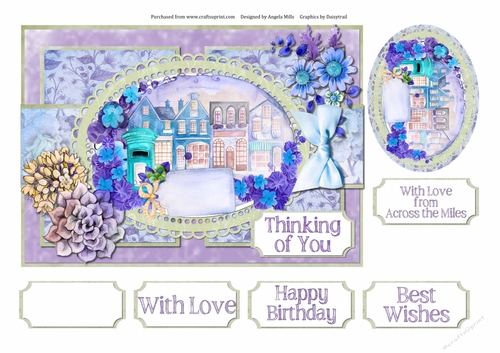 A5 Tent Card Teal/Lilac/Blue Night Scene with Mini Topper amd Sentiment Toppers