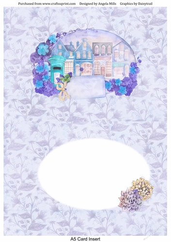 A5 Tent Card Insert Lilac/Teal Night Scene on Lilac Leafy Background, Blank