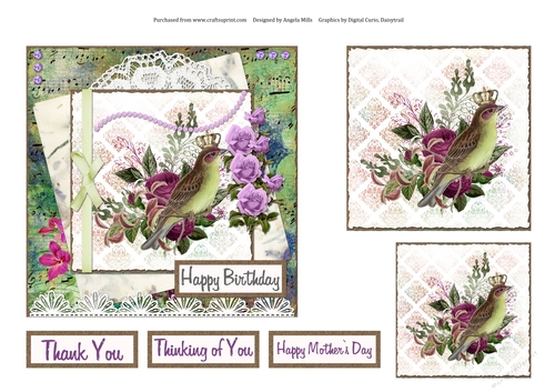 6 x 6 Card Front Crowned Bird/Floral Lace with Toppers and Sentiment Toppers, Green/Lilac