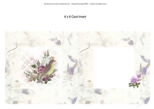 6 x 6 Card Insert Purple/Green Floral Crowned Bird on Handmade Paper Effect Background, Blank