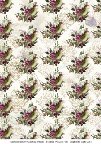 A4 Paper Purple/Green Crowned Bird on Ivory Damask Background
