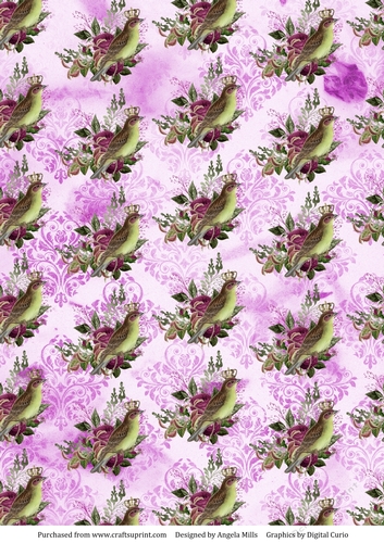A4 Paper Purple/Green Crowned Bird on Lilac Distressed Damask Background