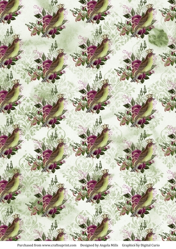 A4 Paper Purple/Green Crowned Bird on Green Distressed Damask Background