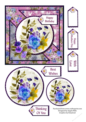 6 x 6 Floral Card Front Pink/Blue/Yellow with Toppers and Sentiment Toppers