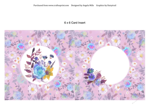 6 x 6 Card Insert Blue/Yellow Flowers on Pink/Lilac Floral Background, Blank