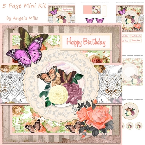 8 x 8 Decoupage Card Mini Kit Butterflies, Roses & Lace Peach/Cream/Taupe 5 Sheets