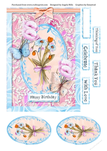A5 Card Front Wildflowers Butterflies & Poppies with Toppers and Sentiment Toppers Pink/Blue