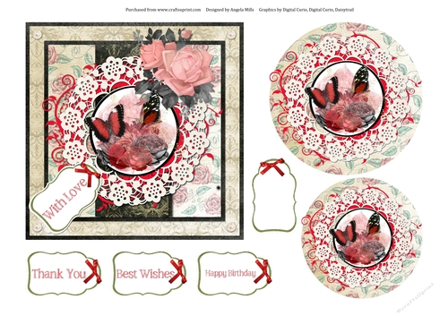 6 x 6 Card Front Red/Cream/Black Roses & Butterflies with Toppers and Sentiment Tags