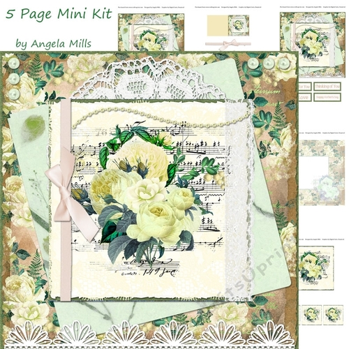 8 x 8 Decoupage Card Mini Kit Shabby Chic Yellow Roses & Lace 5 Sheets Yellow/Green/Gold
