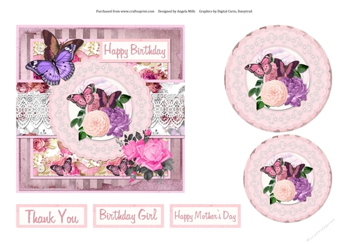 6 x 6 Card Front Shabby Floral Butterflies/Lace with Toppers and Sentiment Toppers, Pink/Lilac