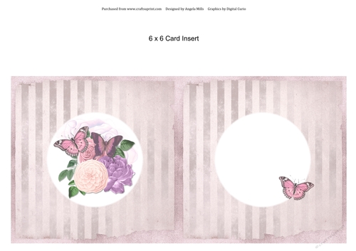 6 x 6 Card Insert Pink Floral Butterflies on Dusky Pink Striped Background, Blank
