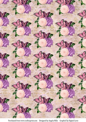 A4 Paper Pink/Peach/Lilac Butterfly Floral on Peach Damask Background