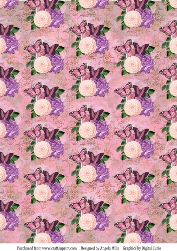 A4 Paper Pink/Peach/Lilac Butterfly Floral on Pink Damask Background