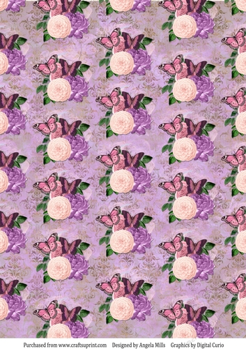 A4 Paper Pink/Peach/Lilac Butterfly Floral on Lavender Damask Background