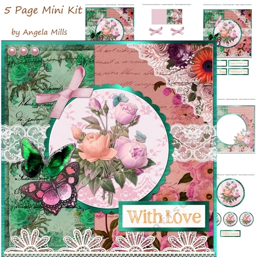 8 x 8 Decoupage Card Mini Kit Shabby Chic Roses Butterflies & Lace 5 Sheets Green/Pink/Peach