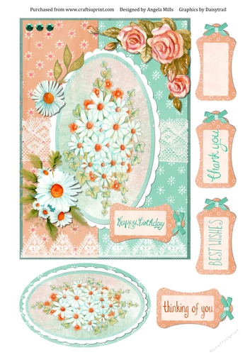 A5 Card Front Peach/Aqua Daisies with Mini-Topper/Gift Tag and Sentiment Tags