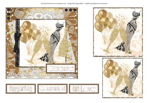6 x 6 Card Front Gold Lace/Champagne Celebration with Toppers and Sentiment Toppers