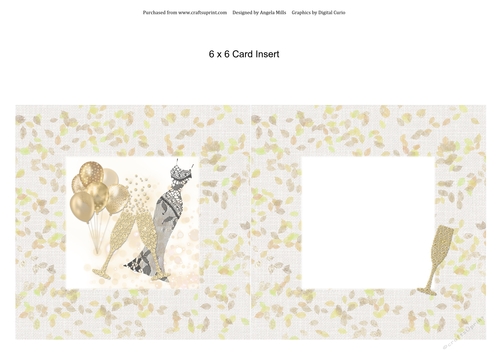 6 x 6 Card Insert Gold Champagne/Lace Dress/Balloons on Gold Leaves Background, Blank