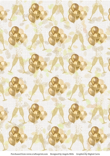 A4 Paper Gold Balloons & Champagne Flutes on Gold Leaves Background
