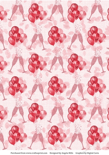 A4 Paper Red Balloons & Pink Champagne Flutes on Pink Leaves Background