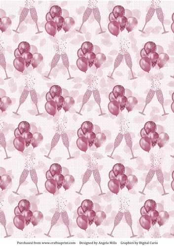 A4 Paper Violet Balloons & Champagne Flutes on Violet Leaves Background