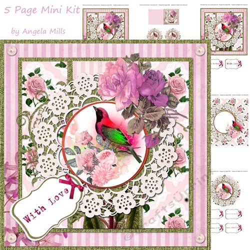 8 x 8 Decoupage Card Mini Kit Shabby Chic Roses Bird & Lace 5 Sheets Pink