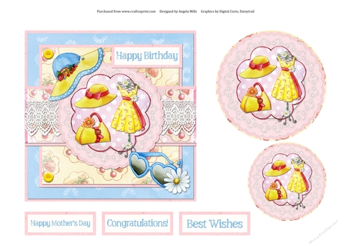 6 x 6 Card Front Summer Sunhat/Sunglasses with Toppers and Sentiment Toppers Blue/Pink/Yellow