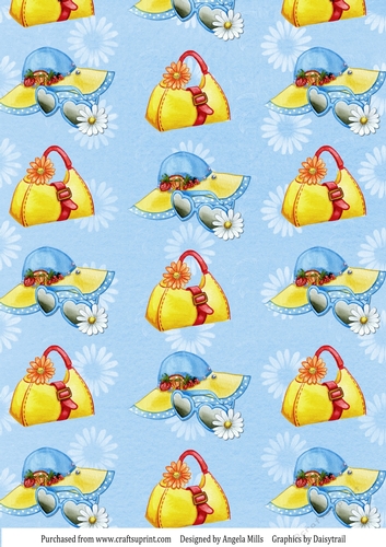 A4 Paper Summer Sunhats/Sunglasses/Beach Bags on Blue Daisies Background