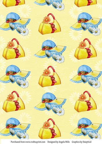 A4 Paper Summer Sunhats/Sunglasses/Beach Bags on Yellow Daisies Background