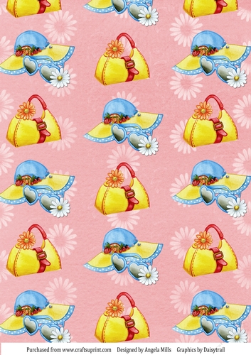 A4 Paper Summer Sunhats/Sunglasses/Beach Bags on Pink Daisies Background