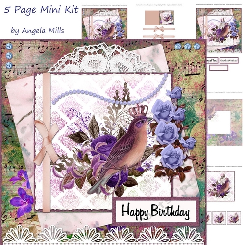 8 x 8 Decoupage Card Mini Kit Shabby Chic Crowned Bird & Lace 5 Sheets Pink