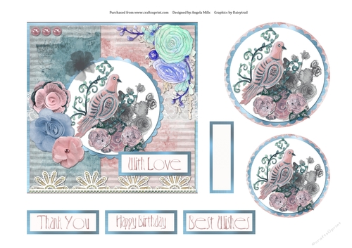6 x 6 Card Front Boho Pink Bird with Toppers and Sentiment Toppers, Pink/Slate Blue/Grey