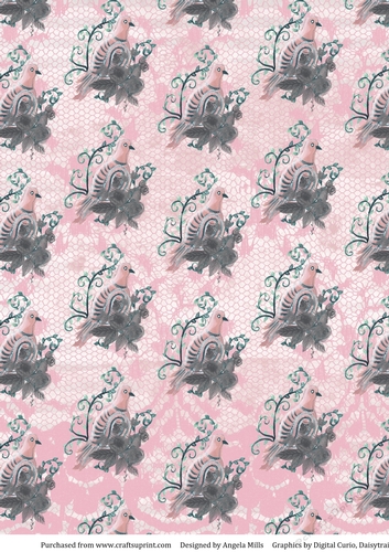 A4 Paper Boho Pink/Grey Birds on Pink Lace Background