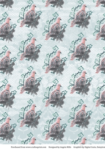 A4 Paper Boho Pink/Grey Birds on Pale Aqua Lace Background