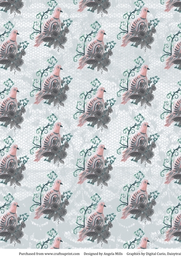A4 Paper Boho Pink/Grey Birds on Pale Grey Lace Background