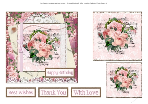 6 x 6 Card Front Shabby Pink/Peach Roses/Lace with Toppers and Sentiment Toppers