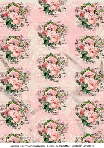 A4 Paper Shabby Pink/Peach Roses and Pink Lace on Cream Background