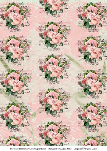A4 Paper Shabby Pink/Peach Roses and Pink Lace on Green Background