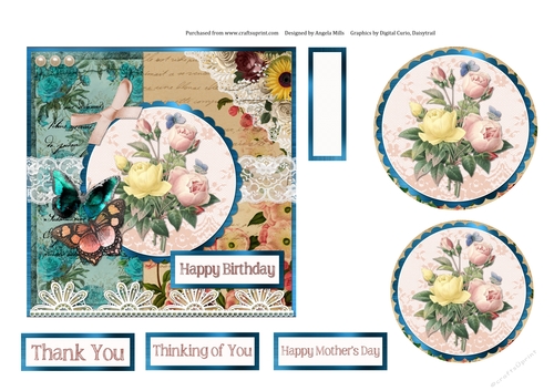 6 x 6 Card Front Yellow/Peach Roses and Lace with Toppers and Sentiment Toppers