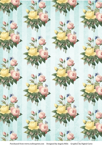 A4 Paper Peach/Yellow Roses on Aqua Striped Background