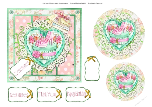 6 x 6 Card Front Floral Ladies Shoes/Hatbox with Toppers and Sentiment Toppers, Mint Green/Pink
