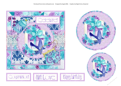 6 x 6 Card Front Floral Ladies Shoes/Hatbox with Toppers and Sentiment Toppers Lilac/Turquoise/Blue