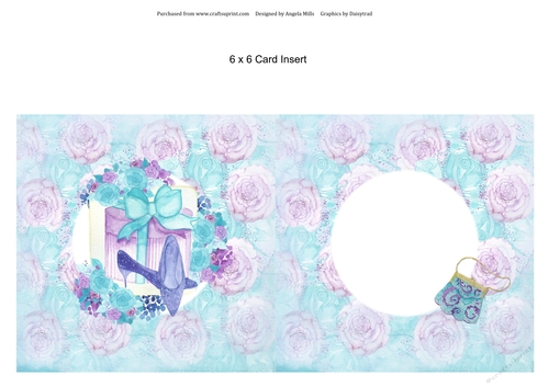 6 x 6 Card Insert Ladies Shoes/Hatbox on Turquoise/Lilac Floral Background