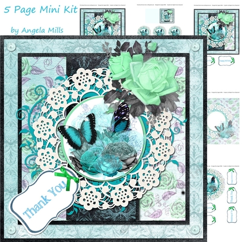 8 x 8 Decoupage Card Mini Kit Floral Butterflies & Lace 5 Sheets Aqua/Mint Green