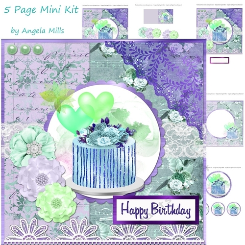 8 x 8 Decoupage Card Mini Kit Cake/Floral & Lace 5 Sheets Lavender/Mint Green