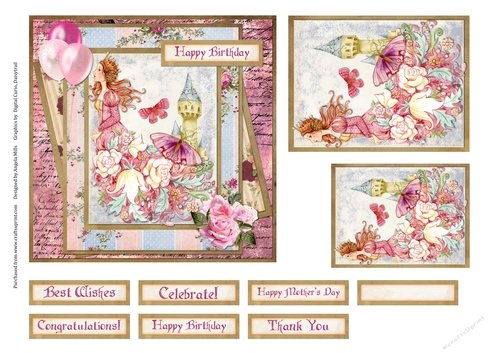 6 x 6 Card Front Fantasy Floral Princess with Toppers and Sentiments, Pink/Gold/Blue