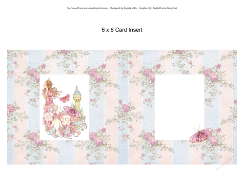 6 x 6 Card Insert Fantasy Princess on Striped Floral Background, Pink/Blue